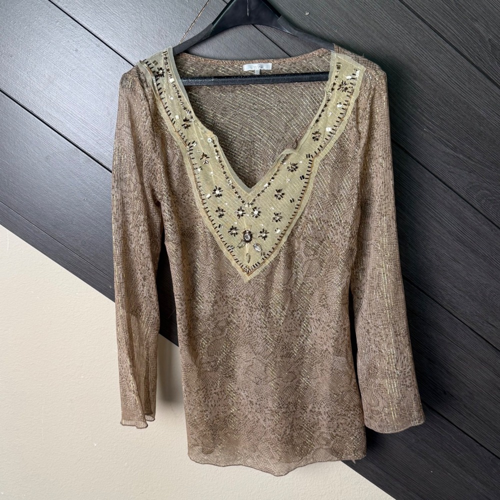 Metro 7 Women's Sheer Metallic Embellished Tunic Top Size L Fairycore BOHO